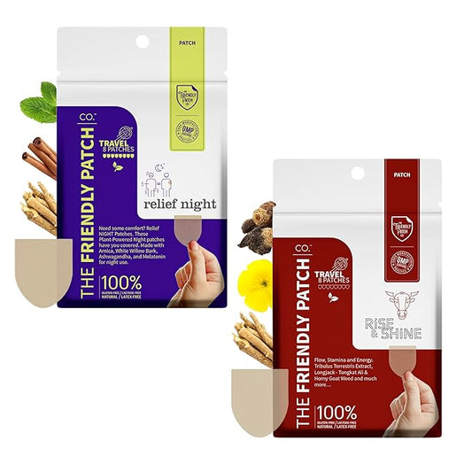 Relief Night & Rise & Shine Patch Bundle - Arnica, Melatonin, Tongkat Ali, Ashwagandha, Horny Goat Weed & Saffron for Sleep, Soreness, Strength & Performance - 16 Plant-Powered Patches for Men and Wom
