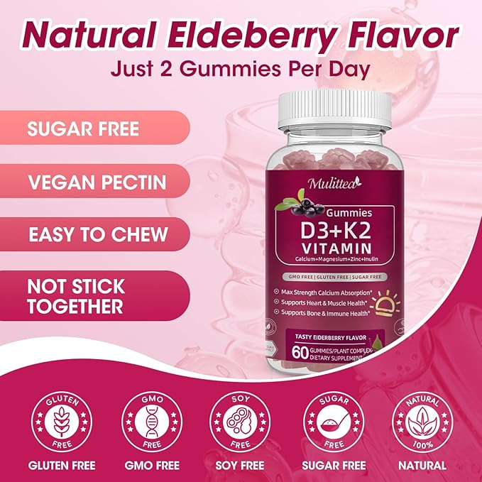 Vitamin D3 10000 IU + K2 (MK7) 200mcg w/Calcium Magnesium Zinc Elderberry & Inulin-Highly Bioavailable-Enhanced Absorption for Immune & Bone Support- K2 D3 Vitamin Supplement-Vegan Gummies