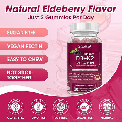 Vitamin D3 10000 IU + K2 (MK7) 200mcg w/Calcium Magnesium Zinc Elderberry & Inulin-Highly Bioavailable-Enhanced Absorption for Immune & Bone Support- K2 D3 Vitamin Supplement-Vegan Gummies
