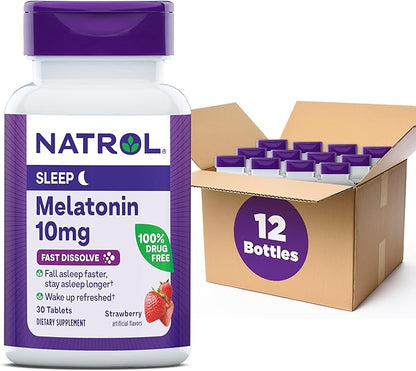 Natrol Sleep Melatonin 10mg Fast Dissolve Tablets, Nighttime Sleep Aid for Adults, 30 Strawberry-Flavored Melatonin Tablets, 30 Day Supply (Pack of 12)