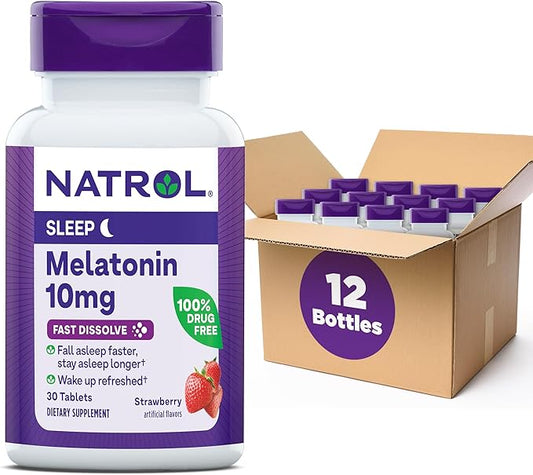 Natrol Sleep Melatonin 10mg Fast Dissolve Tablets, Nighttime Sleep Aid for Adults, 30 Strawberry-Flavored Melatonin Tablets, 30 Day Supply (Pack of 12)
