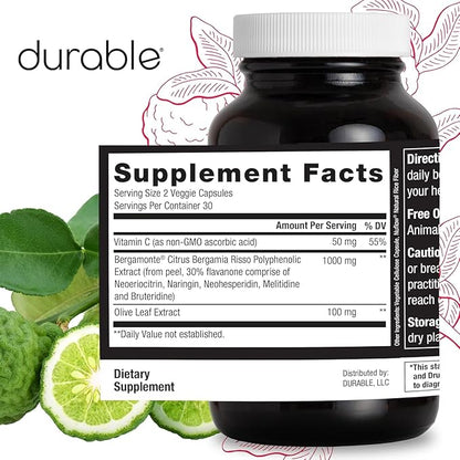 Durable Heart - Extra-Strength 1,000 mg Bergamonte Citrus Bergamot +Olive Leaf Extract +Non-GMO Vitamin C – Natural Heart Health Supplement – Made in The USA (1 Bottle)