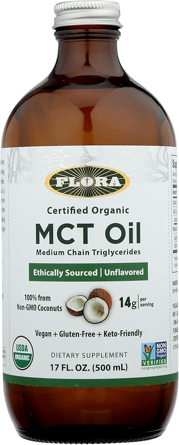Flora - MCT Oil Certified Organic - Supports Muscle Energy & Brain Health - Contains C8 Caprylic Acid & C10 Capric Acid - Non-GMO, Gluten-Free, Vegan & Keto-Friendly - 17 fl. oz. Glass Bottle
