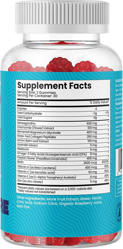 All in One Stress Skin Sleep Gummies w/Magnesium Glycinate, Grass Fed Collagen, Vitamin A, C, E & Zinc | Sleep & Glow Gummies for Adults | 60 Gummies