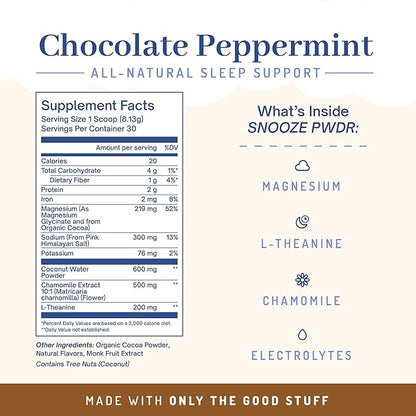 PWDRS Snooze Sleepy Time Hot Chocolate | All Natural Sleep Support | Magnesium Glycinate, L Theanine, Chamomile, Electrolytes | 20 Calories, Non GMO | Chocolate Peppermint