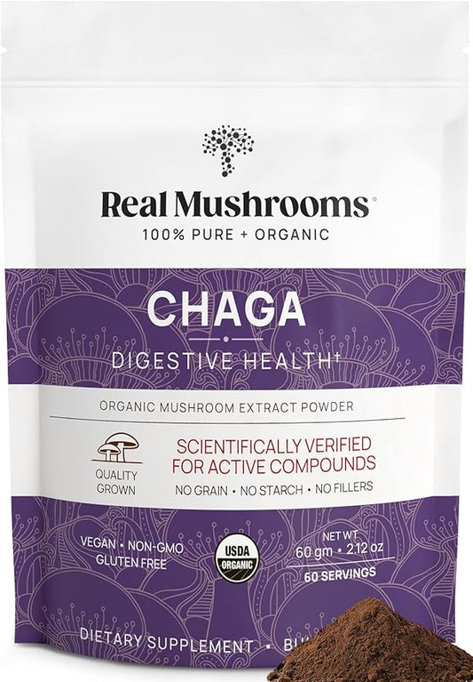 Real Mushrooms Chaga Powder - Organic Mushroom Supplement with Extract for Digestion, Energy, Immune Support Vegan Extract, Non-GMO, 60 Servings