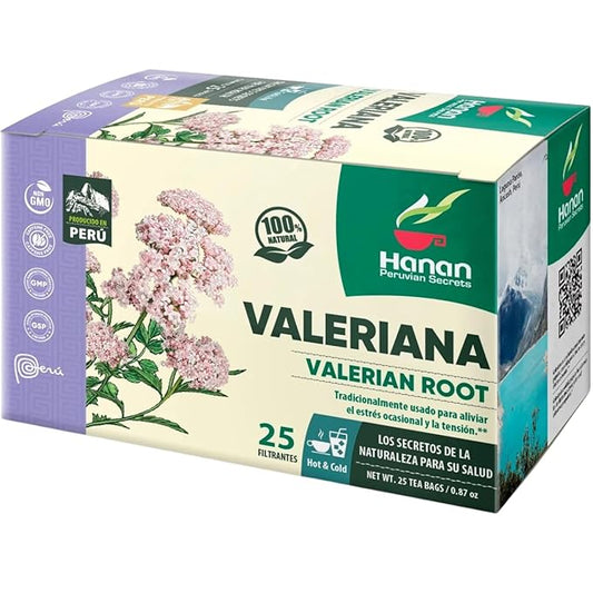 Hanan Valerian Root Tea for Bedtime 25 Bags - Te de Valeriana, Herbal Calming Night Tea - 100% Pure, Caffeine-Free, Non-GMO, Herb from Peru