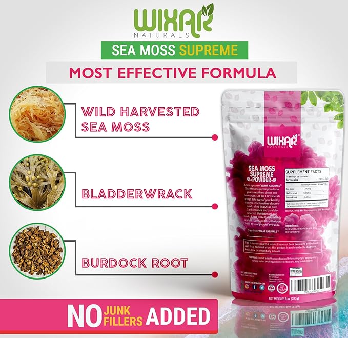 Wixar Wildcrafted Sea Moss Powder – (8 Ounces) – Natural Irish Sea Moss and Bladderwrack with Burdock Powder - Thyroid Support, Healthy Skin, Keto Detox, Joint Support Alkaline Supplements