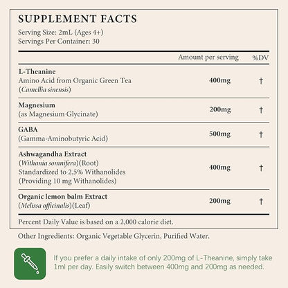 Oasisforce L Theanine 400mg Liquid Drops, L-Theanine Supplement for Adults & Kids with GABA, Magnesium & Ashwagandha, Natural Sleep, Focus & Relaxation Support, Vegan, Alcohol-Free, Non-GMO, 2 FL OZ