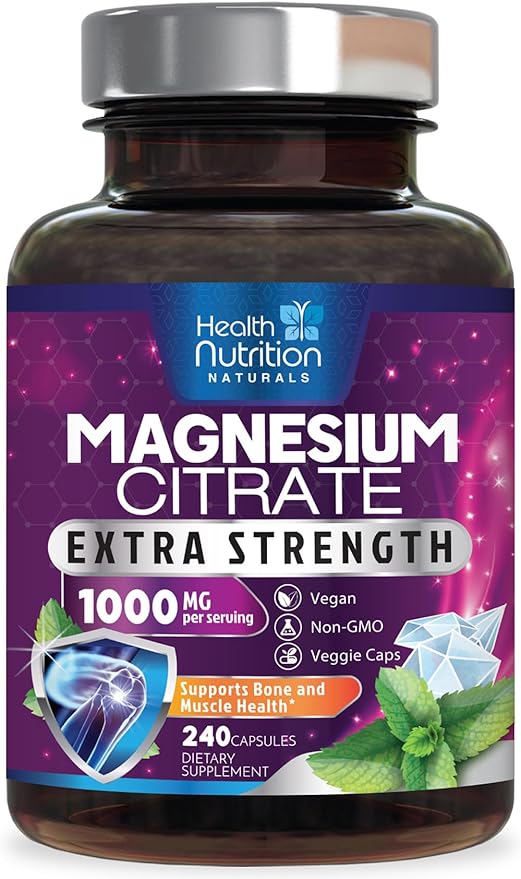 Magnesium Citrate Capsules 1000mg - Max Absorption Magnesium Powder for Muscle, Nerve, Bone and Heart Health Support, High Absorption Citrate Complex, Gluten Free, Non-GMO - 240 Capsules