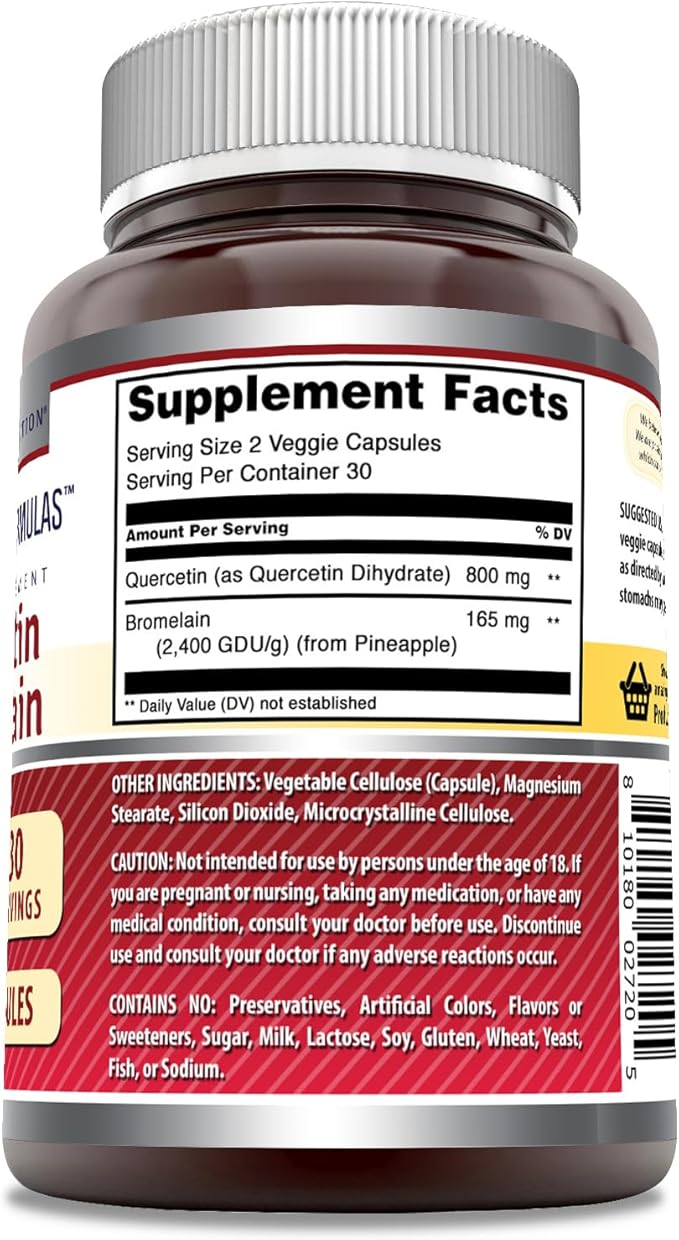 Amazing Nutrition Quercetin 800 Mg with Bromelain 165 Mg Veggie Capsules Supplement | Non-GMO | Gluten Free | Made in USA | Suitable for Vegetarians (60)