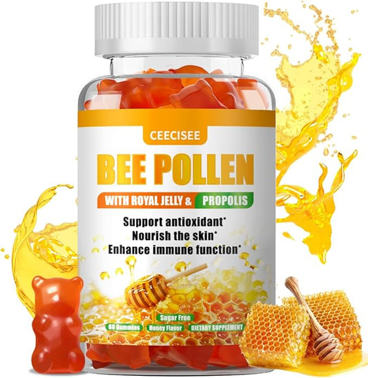 Bee Pollen Gummies with 1000mg Bee Pollen,300mg Royal Jelly,300mg Propolis,Calcium and Vitamin B6,C for People’s Skin,Immune,Energy,Honey Flavor (60 Count)