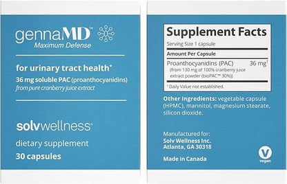 Solv Wellness GennaMD - Maximum UTI Defense - 36 mg Soluble PAC from 100% Cranberry Juice Extract - Highest PAC Concentration in a Small, Easy-to-Swallow Capsule - 30 Capsules
