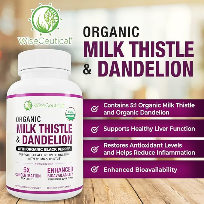 Max Absorption USDA Organic Milk Thistle Potent 5:1 Concentrated Extract (2000mg Strength) & Organic Dandelion Root | Silymarin Antioxidant Flavonoid | Liver Support Supplement (60 Count (Pack of 2))