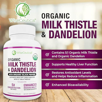 Max Absorption USDA Organic Milk Thistle Potent 5:1 Concentrated Extract (2000mg Strength) & Organic Dandelion Root | Silymarin Antioxidant Flavonoid | Liver Support Supplement (60 Count (Pack of 2))