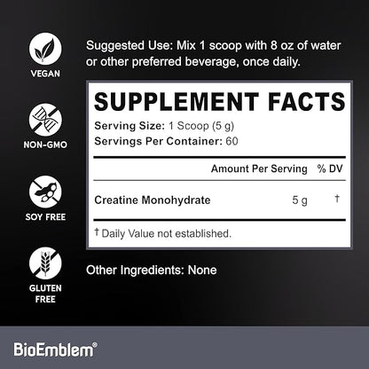 BioEmblem Creatine Monohydrate Powder – Micronized, Unflavored, 5000mg Per Serving(5g) – Supports Muscle Strength, Workout Recovery & Performance Creatine Supplement– Vegan, Non-GMO, 60 Servings