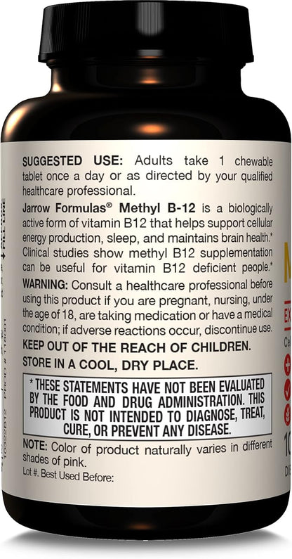 Jarrow Formulas Extra Strength Methyl B-12, Dietary Supplement for Cellular Energy Production, 100 Lemon-Flavored Chewable Tablets, Up to a 100 Day Supply