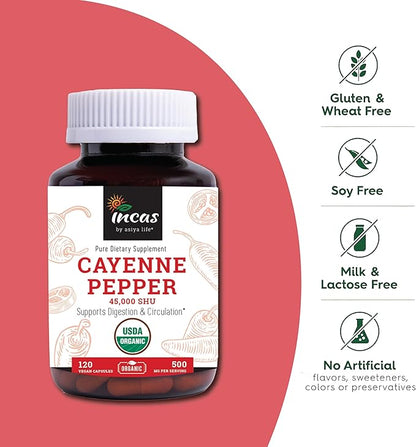 INCAS 100% USDA Organic Cayenne Pepper 120 Capsules (500mg) 45,000 SHU Traditional Digestion & Circulation Support Pure, No Additives & Fillers | 120 Servings