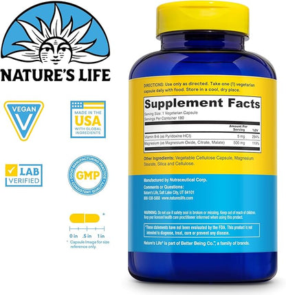 Natures Life Renewing Magnesium 500 mg - Magnesium Citrate, Magnesium Malate, Magnesium Oxide Plus Vitamin B-6 - Muscles and Nerves Support - Lab Verified (180 Servings, 180 VegCaps)