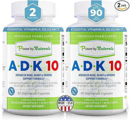 Power By Naturals ADK Vitamin Supplement – ADK 10 High Potency with Vitamins A, D3 10,000 IU & K2 MK7 for Superior Heart, Immune & Bone Health Support – 90 Capsules, 2 Pack (6-Month Supply)