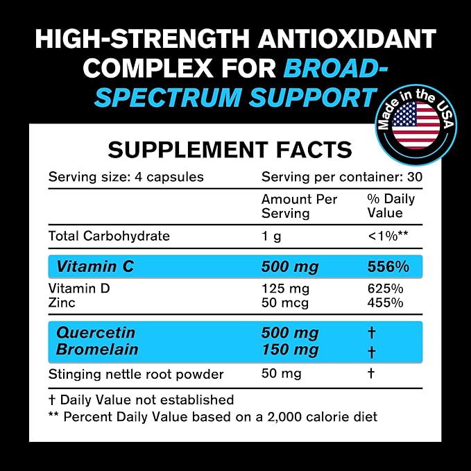 Quercetin with Bromelain 500mg Capsules, Supports Immune Response, Joint Comfort, & Overall Wellness - Vitamin C, Zinc 50mg, & Vitamin D3 5000 IU - Immunity Health Pills Quercetin Bromelain Supplement