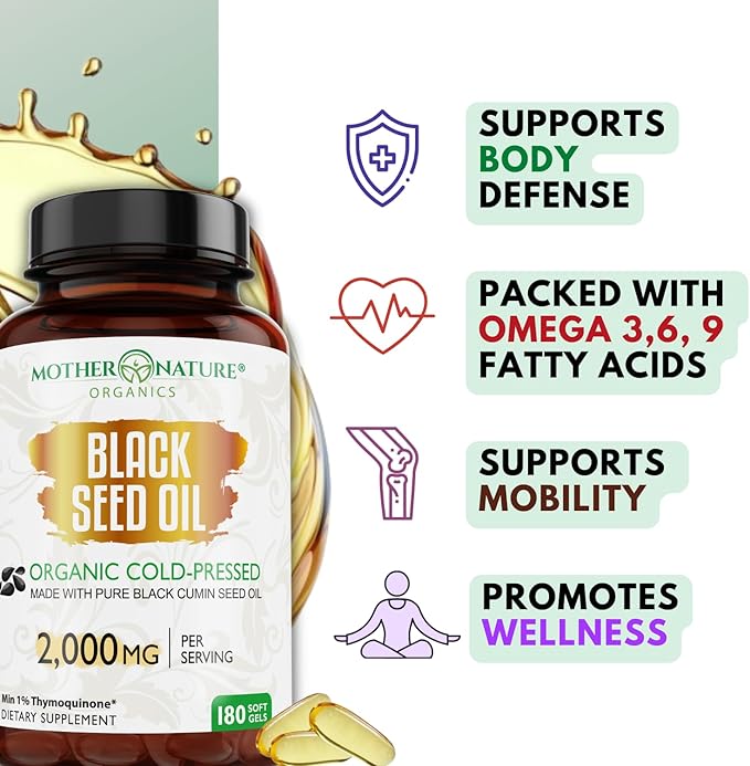 Mother Nature - Organic Black Seed Oil Capsules, Cold Pressed, 2% TQ, 100% Turkish-Black Cumin Nigella, Sativa Oil-3 Month Supply for Immune Support, Joint, Digestive Health,1000mg per Capsule, 180ct