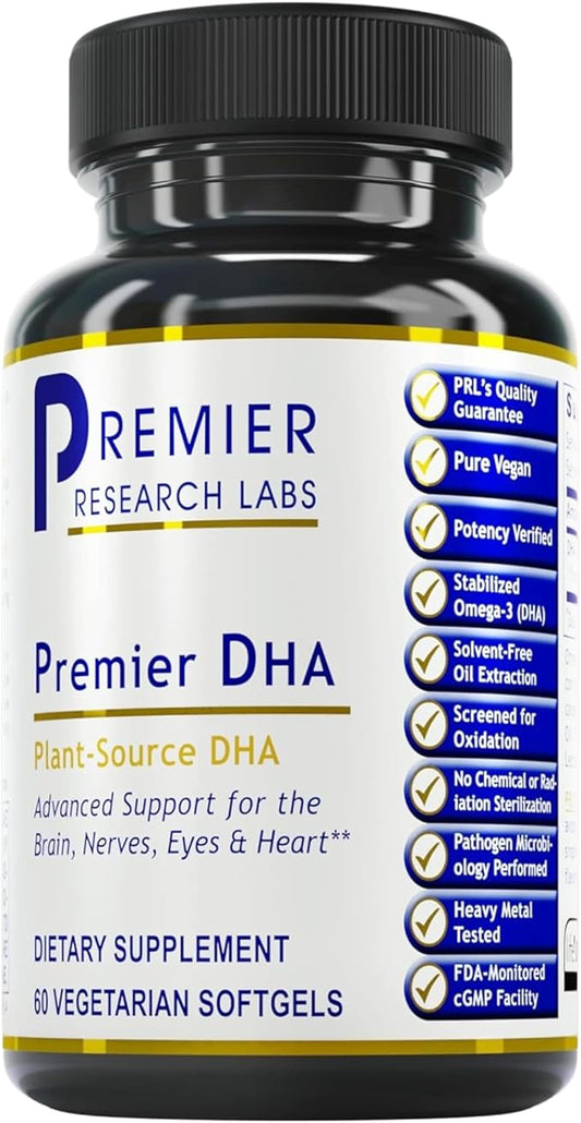 Premier DHA, 60 Softgels, Vegan Product - Plant-Source DHA for Premier Support for The Brain, Nerves, Eyes and Heart