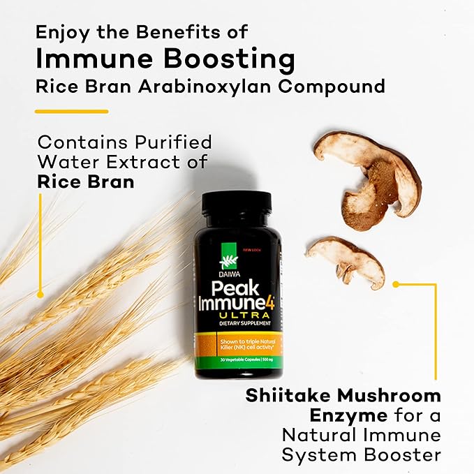 Daiwa PeakImmune4 Natural Immune Support Supplement with RBAC Rice Bran and Mycelia Extract from Shiitake Mushrooms - Ultra Strength