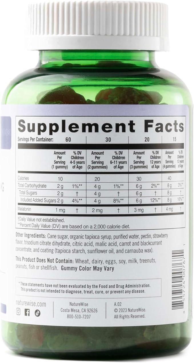 Naturewise Kids Melatonin Gummies 1 mg - Drug-Free, Non-Habit Forming Sleep Aid for Children Ages 4 & Up - Strawberry Flavored Gummy Bears - Vegan, Gluten Free, Non-GMO - 60 Count[2-Month Supply]