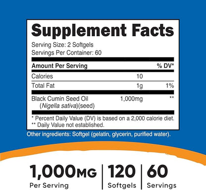 Nutricost Black Seed Oil (Cumin) - Cold Pressed, Source of Omega 3 6 9-120 Softgels, 1000mg Per Serving, 60 Servings - Non-GMO and Gluten Free