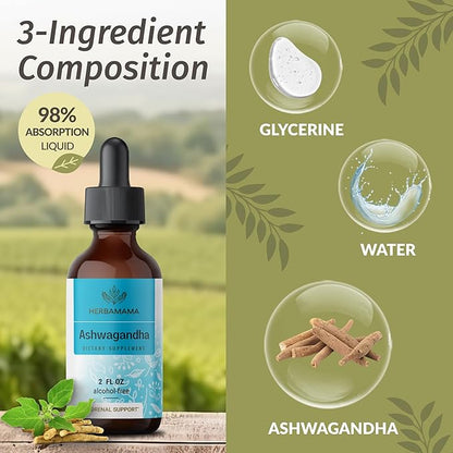 HERBAMAMA Ashwagandha Liquid Drops - Vegan Ashwagandha Root Extract for Calm & Mood Support - Non-GMO, Alcohol & Sugar-Free Calming Supplement for Adults, 28-Day Supply