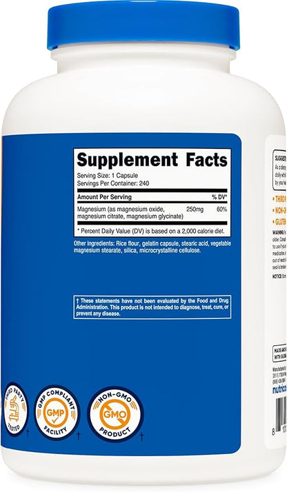 Nutricost Magnesium Complex 250mg, 240 Capsules - Magnesium Oxide, Citrate, and Glycinate - Gluten Free and Non-GMO