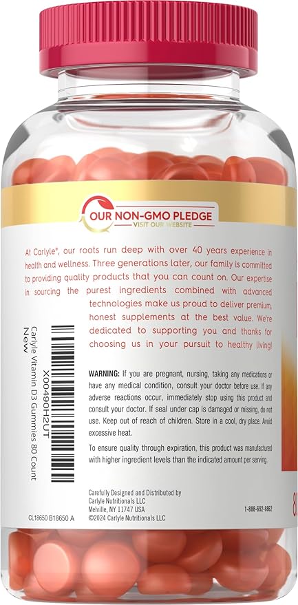 Carlyle Vitamin D3 10000iu Gummies for Adults | 80 Count | Peach Flavored Gummy | High Potency for Women & Men | Vegetarian, Non-GMO, Gluten Free Supplement