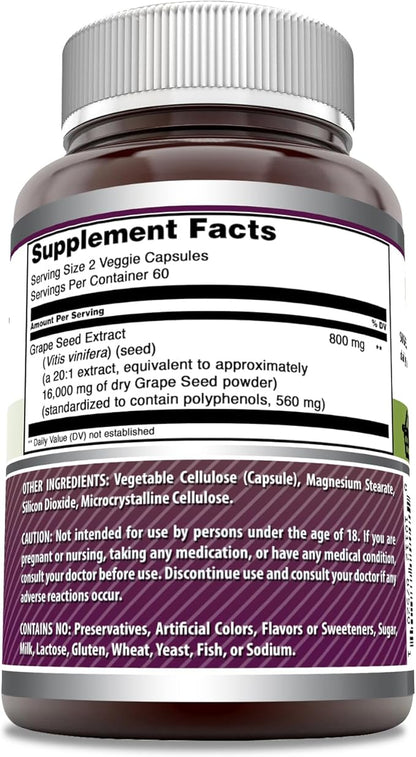 Amazing Formulas Grapeseed Extract 16000mg Per Serving Veggie Capsules Supplement | 20:1 Extract | Non-GMO | Gluten Free | Made in USA (120 Count)