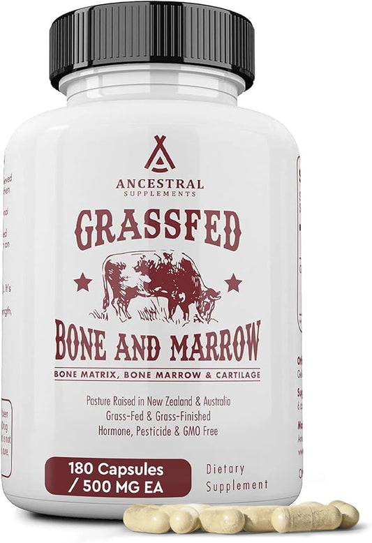 Ancestral Supplements Grass Fed Beef Bone and Marrow Supplement, 3000mg, Skin, Oral Health, and Joint Support Supplement, Promotes Whole-Body Wellness, Non GMO Whole Bone Extract, 180 Capsules