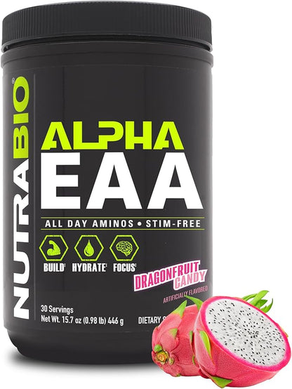 NutraBio Alpha EAA - All-Day Aminos - Recovery, Energy, Focus, and Hydration Supplement - Full Spectrum EAA BCAA Matrix, Electrolytes, Nootropics, Coconut Water - 30 Servings - Dragon Fruit
