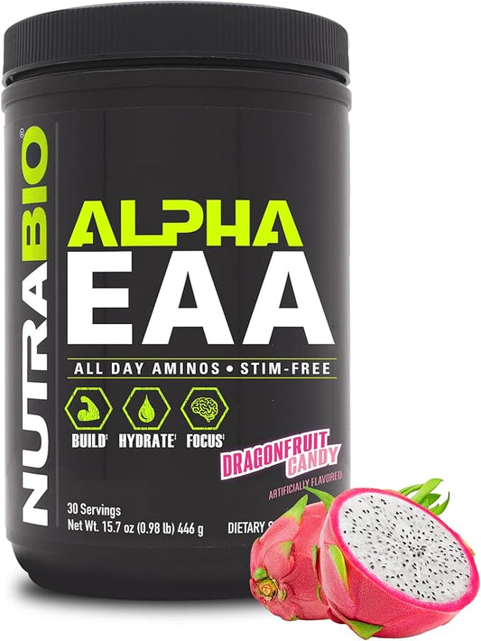 NutraBio Alpha EAA - All-Day Aminos - Recovery, Energy, Focus, and Hydration Supplement - Full Spectrum EAA BCAA Matrix, Electrolytes, Nootropics, Coconut Water - 30 Servings - Dragon Fruit