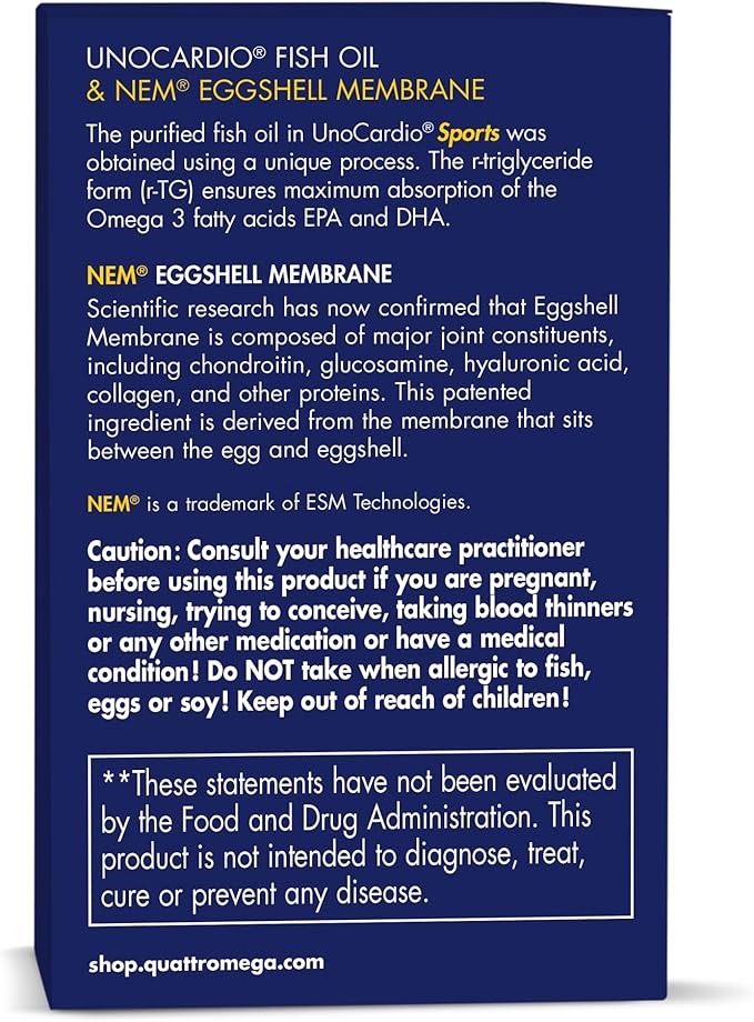 WHC UnoCardio Sports & Eggshell Membrane Fish Oil, Supports Joints & A Healthy Heart,1250 mg of Omega-3, 720 mg EPA, 480 mg DHA, Unflavored, 60 Softgels