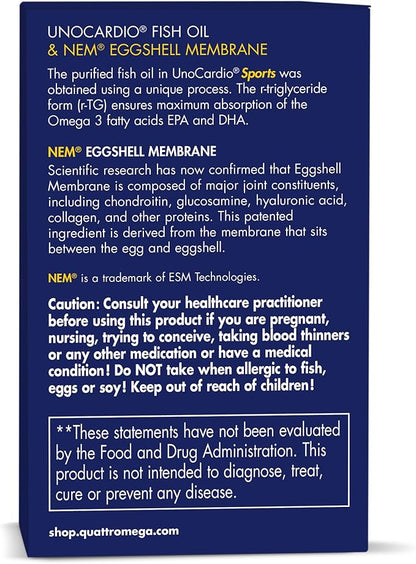 WHC UnoCardio Sports & Eggshell Membrane Fish Oil, Supports Joints & A Healthy Heart,1250 mg of Omega-3, 720 mg EPA, 480 mg DHA, Unflavored, 60 Softgels
