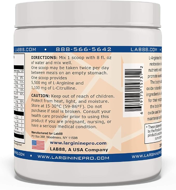 L-ARGININE PRO | 5,500mg L-Arginine Plus L-Citrulline 1,100mg Raspberry & Orange Powder Drink Mix Supplement for Increased Nitric Oxide Production