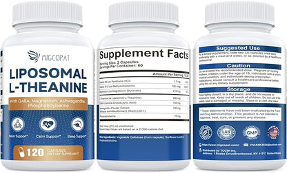 Liposomal L-Theanine 800mg with GABA, Magnesium, Ashwagandha, Phosphatidylserine, Vitamin B6 & B12 - Calm, Sleep, Relaxation & Mood Support for Women & Men, Vegan - 120 Capsules