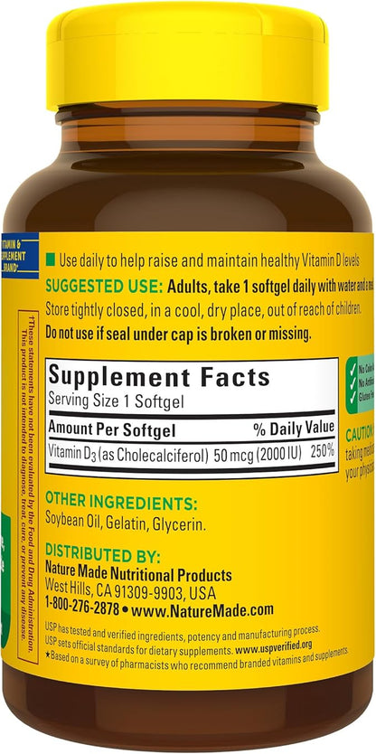 Nature Made Vitamin D3 2000 IU (50 mcg), Dietary Supplement for Bone, Teeth, Muscle and Immune Health Support, 250 Softgels, 250 Day Supply