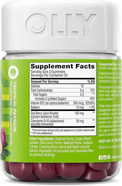 OLLY Daily Energy Gummy, Caffeine Free, Vitamin B12, CoQ10, Goji Berry, Adult Chewable Supplement, Tropical Flavor - 60 Count (Pack of 2)