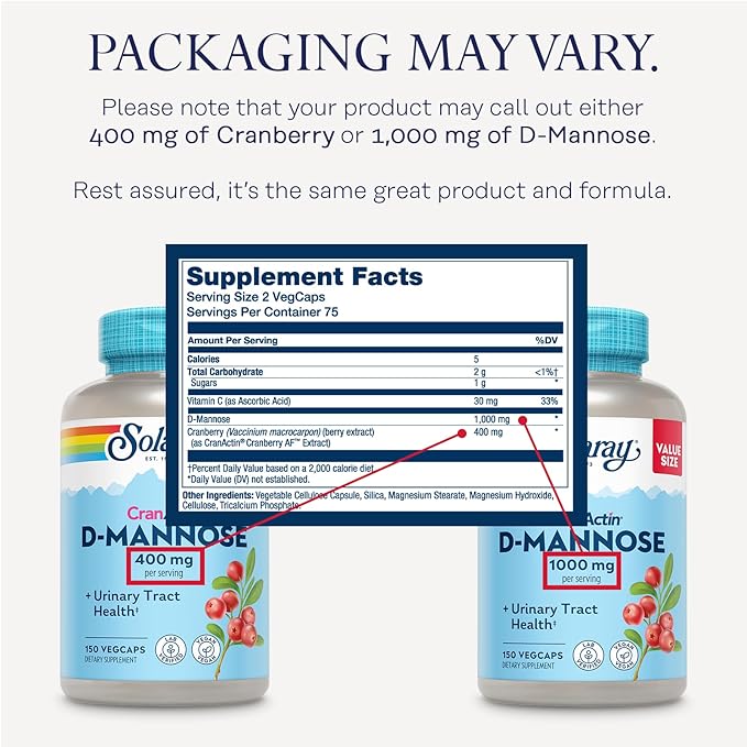 Solaray D-Mannose 1000mg with CranActin Cranberry Supplement 400mg, Urinary Tract Health & Bladder Support Capsules with Vitamin C, Vegan, 60 Day Guarantee, 75 Servings, 150 VegCaps