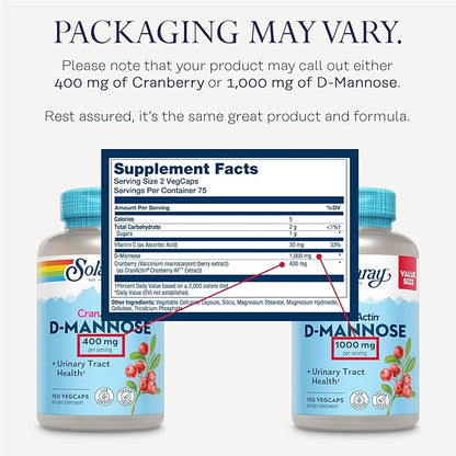 Solaray D-Mannose 1000mg with CranActin Cranberry Supplement 400mg, Urinary Tract Health & Bladder Support Capsules with Vitamin C, Vegan, 60 Day Guarantee, 75 Servings, 150 VegCaps