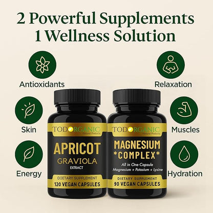 Todorganic 2-Pack: Apricot & Graviola Extract + Magnesium, Potassium & Lysine – Vegan Supplement Combo for Relaxation, Healthy Skin & Mineral Balance – Non-GMO, Gluten-Free – 2 Bottles