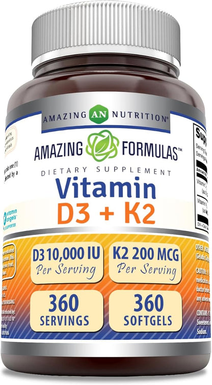 Amazing Formulas Vitamin D3 10000 IU with Vitamin K2 200 Mcg | D3 + K2 Complex Supplement | Non-GMO | Gluten-Free | Made in USA (360 Count, 1 Pack)