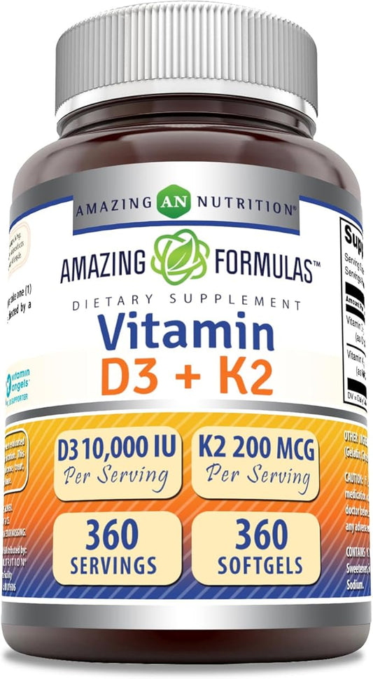 Amazing Formulas Vitamin D3 10000 IU with Vitamin K2 200 Mcg | D3 + K2 Complex Supplement | Non-GMO | Gluten-Free | Made in USA (360 Count, 1 Pack)