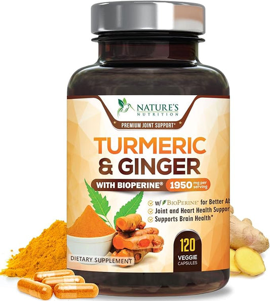 Turmeric Curcumin Supplement 1950mg with Organic Turmeric & Ginger, 95% Curcuminoids, BioPerine Black Pepper for Best Absorption, Nature's Vegan Joint Support, Non-GMO, Bottled in USA - 120 Capsules