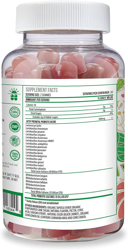ACTIF Prenatal Probiotic Maximum Strength with 75 Billion CFU and 20 Strains, Immunity and Gut Support, Zero Nausea Formula - Made in The USA, 60 Gummies, Strawberry Flavor